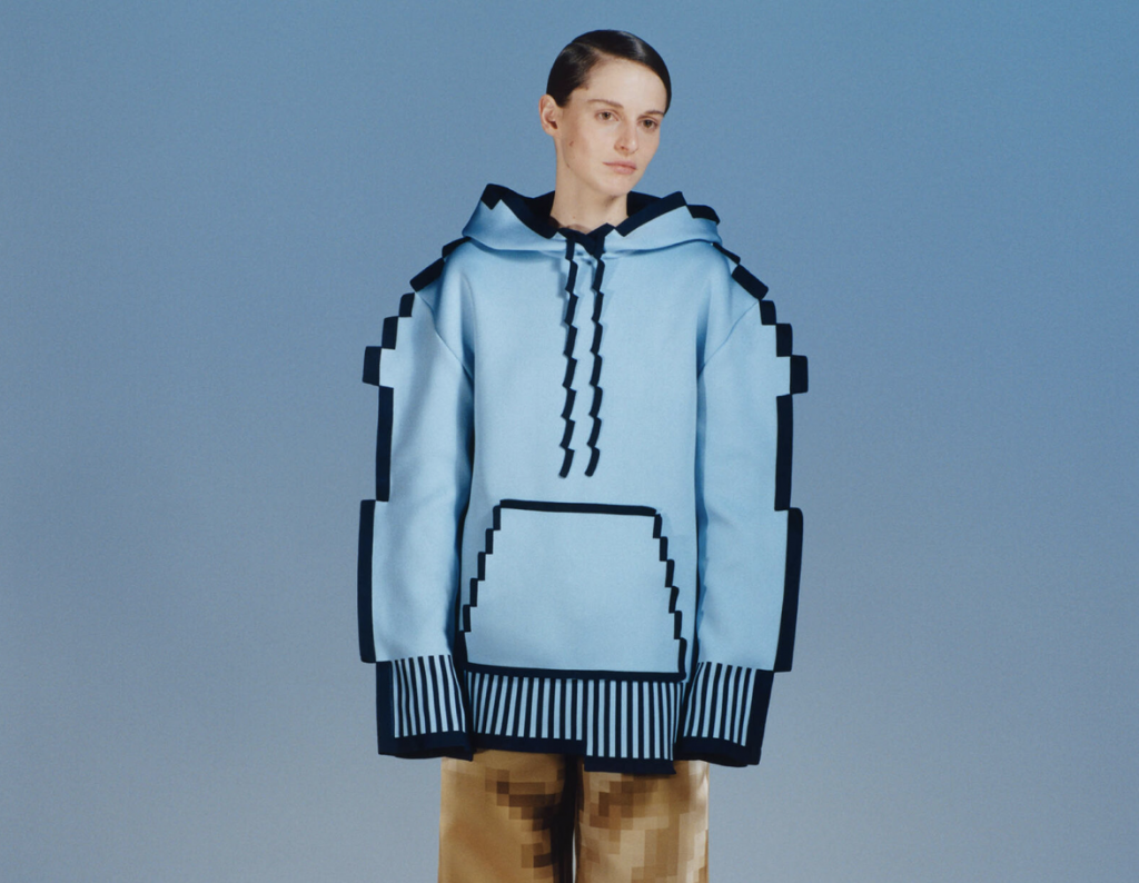 Loewe's digital fashion-inspired 'pixel' hoodie, which debuted on its SS23 runway. Photo: Loewe