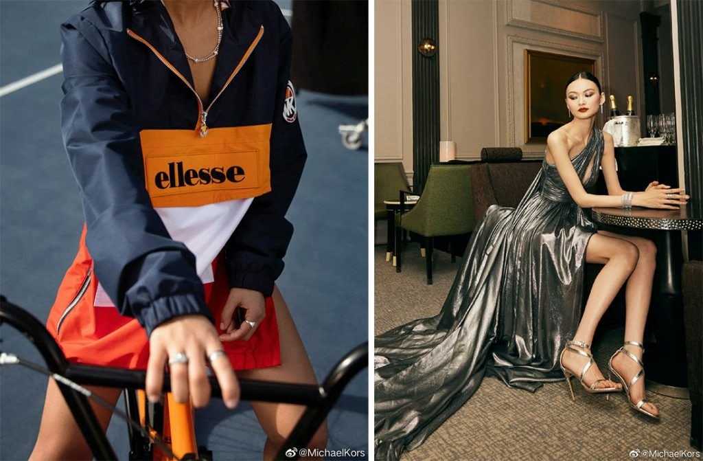 Left: Michael Kors x Ellesse. Right: Chinese model He Cong dressed in Michael Kors for the Met Gala. Photo: Michael Kors' Weibo