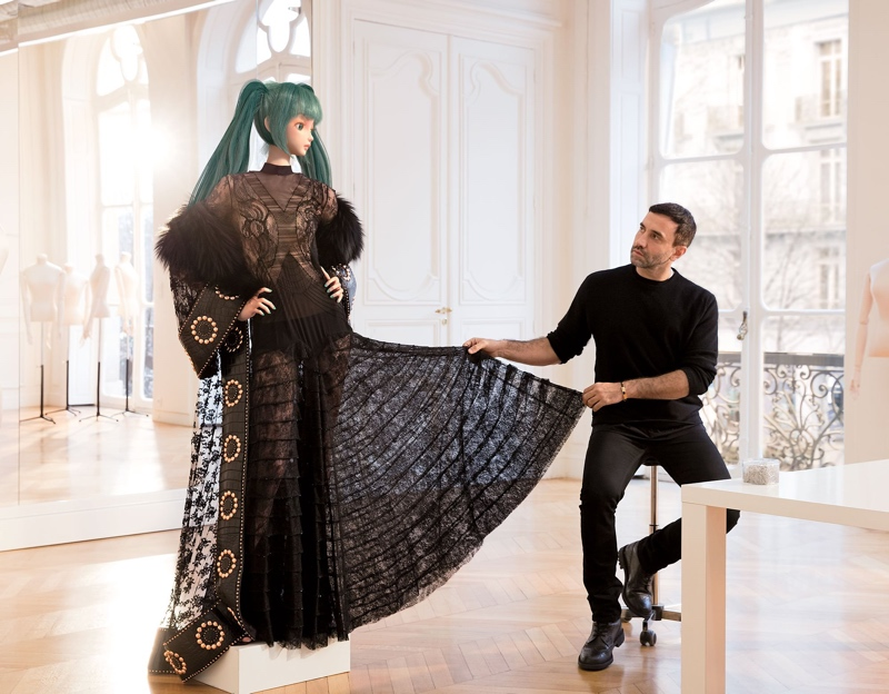 In 2016, former Givenchy design director Riccardo Tisci designed a haute couture dress for Hatsune Miku. The gown included lace, tassels, fur, and Swarovski crystals. Source: Vogue.com