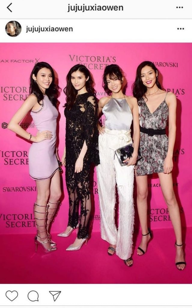 An Instagram post by Victoria's Secret Fashion Show model Xiaowen Ju, with three other Chinese supermodels in the show Ming Xi, Sui He, and Liu Wen.