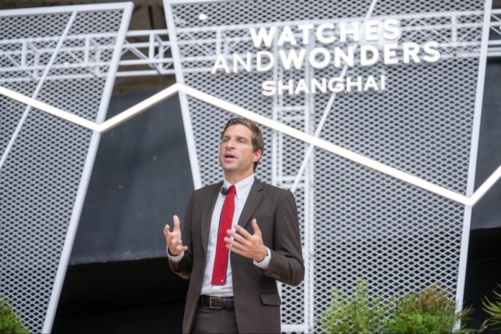 Matthieu Humair, CEO of Watches and Wonders Geneva Foundation, speaks at the Shanghai salon on September 14. Photo: Watches and Wonders