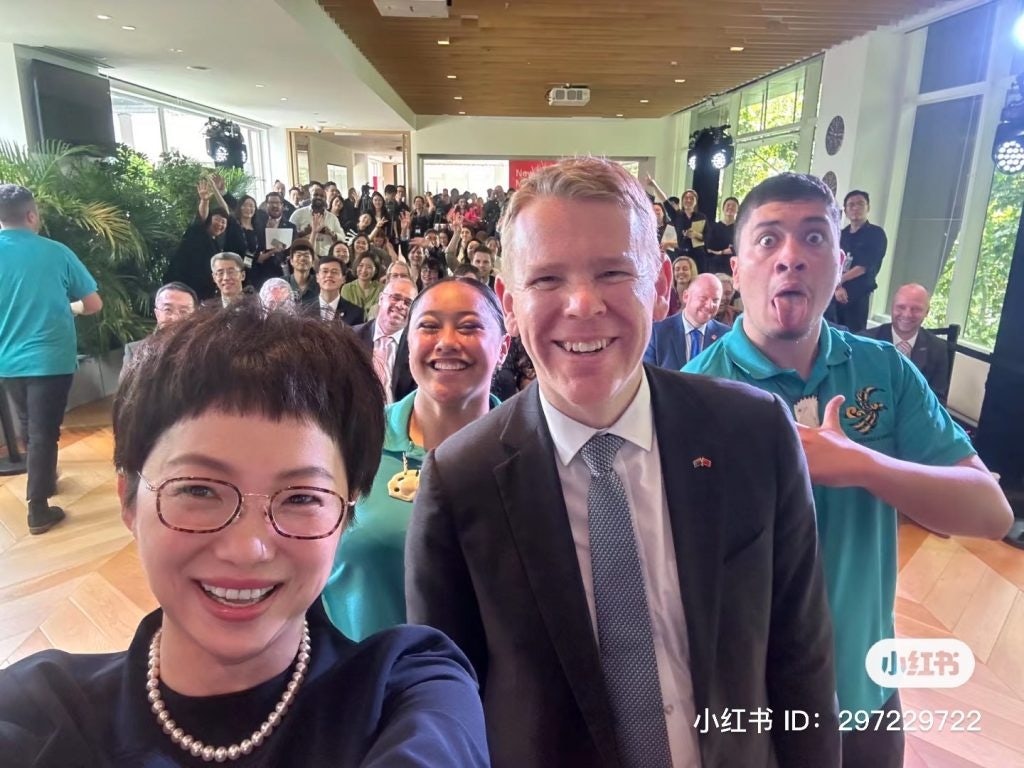 A selfie from the Xiaohongshu and Tourism New Zealand collaboration's launch in Shanghai, with New Zealand Prime Minister Chris Hipkins, was posted on Tourism New Zealand's official Xiaohongshu account. Image: Tourism New Zealand
