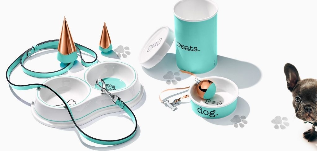 Tiffany amp; Co. offers stylish pet collars, name tags, and bowls in its iconic blue. Photo: Courtesy of Tiffany amp; Co.