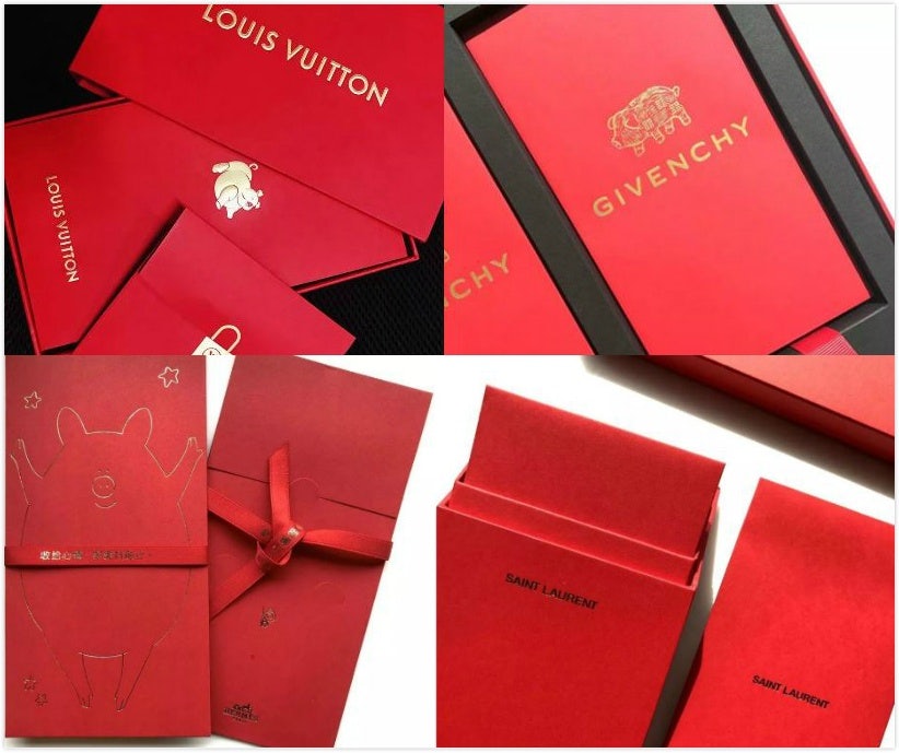 Designs of Year of the Pig red envelops from Louis Vuitton, Hermes, Givenchy and Saint Laurent. Photo: Jiemian