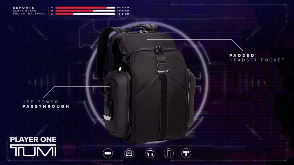 Luxury luggage brand Tumi's esports capsule is designed with gamers in mind, featuring built-in USB ports and dedicated headset pockets. Photo: Tumi