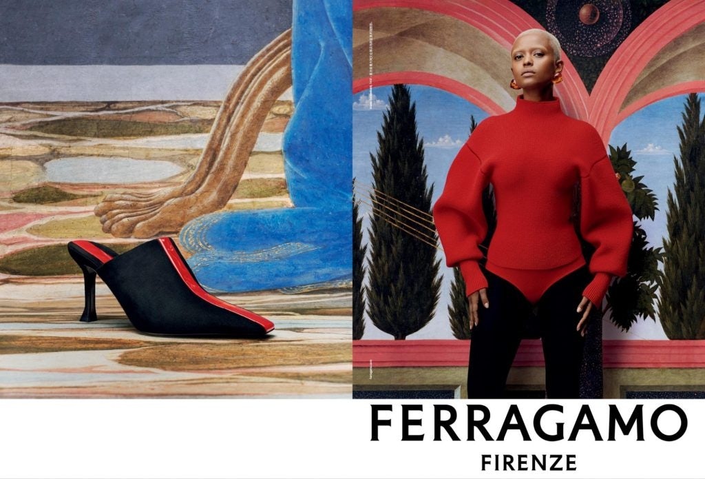 Ferragamo’s new logo and Pantone red shade enlivens the Fall/Winter 2023 ad campaign. Photo: Ferragamo