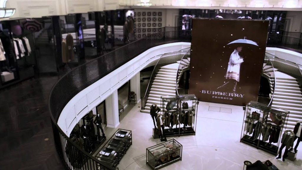 Opened in 2012, Burberry‘s London flagship store includes bespoke digital signage on all floors and futuristic radio-frequency ID, which triggers details about merchandise in mirrors that double as visual displays. Photo: Courtesy of Burberry