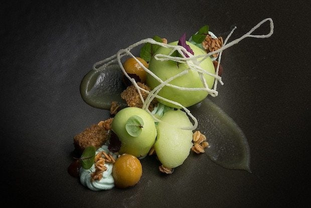HKK's dessert of green apple parfait, cardamom cake, and crispy apple noodle for Chinese New Year. (Courtesy Photo)