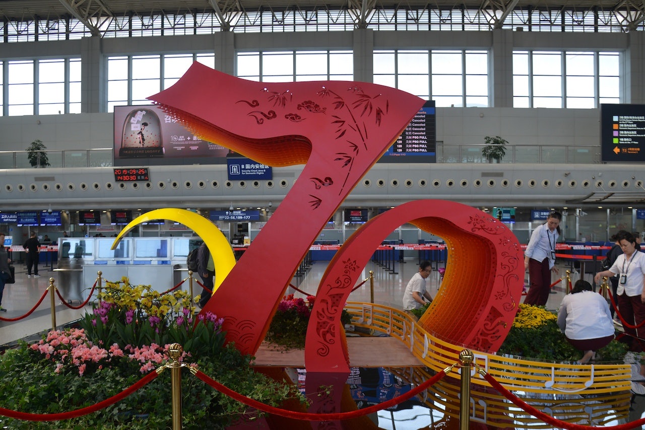 Decoration To Celebrate 70th National Day of the People's Republic of China on 1st October 2019 at Chengdu International Airport Terminal Photo: Shutterstock 