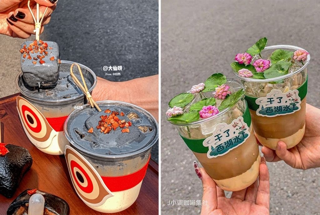 Local coffee shops are taking inspiration from regional delicacies and landmarks, creating products such as "stinky tofu coffee" and "lotus coffee." Photo: Weibo